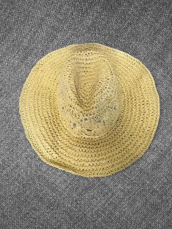 Women’s Beige Crochet Paper Straw Wide Brim Sun Hat - Image 7