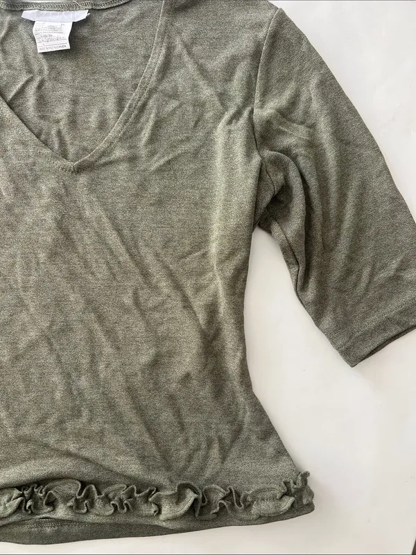 Vintage VTG IZUMI Short Sleeve Stretchy Ruffle Trim Y2K V Neck Top Olive Green S - Image 3
