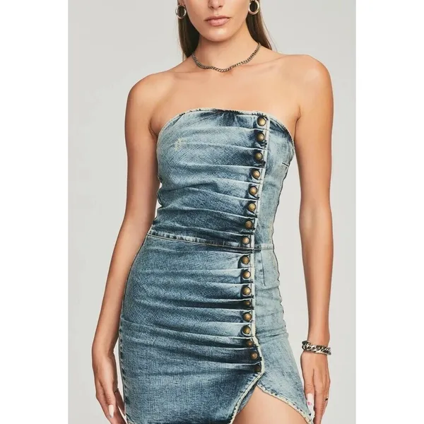 Retrofête Megh Strapless pleated Denim Mini Dress Marble Sky Button Front XS - Image 2