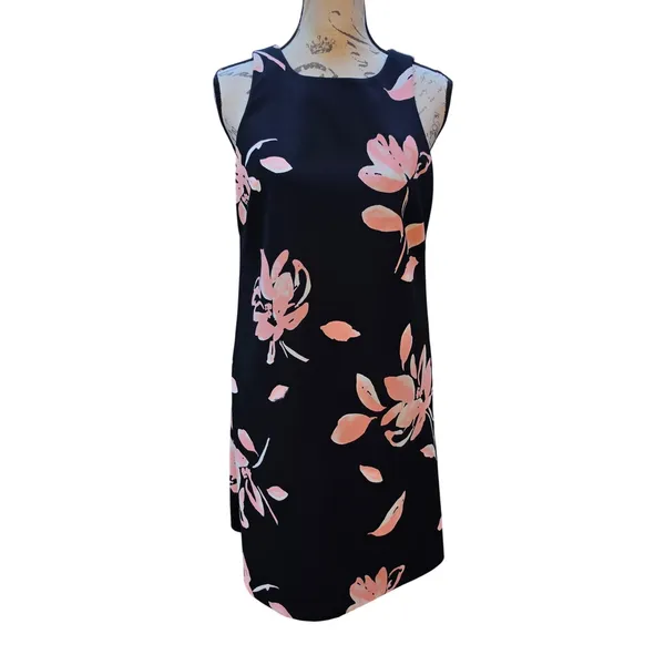 Lauren Ralph Lauren‎ Black Pink Floral Pleated Back Sleeveless Shift Dress 6 - Image 2