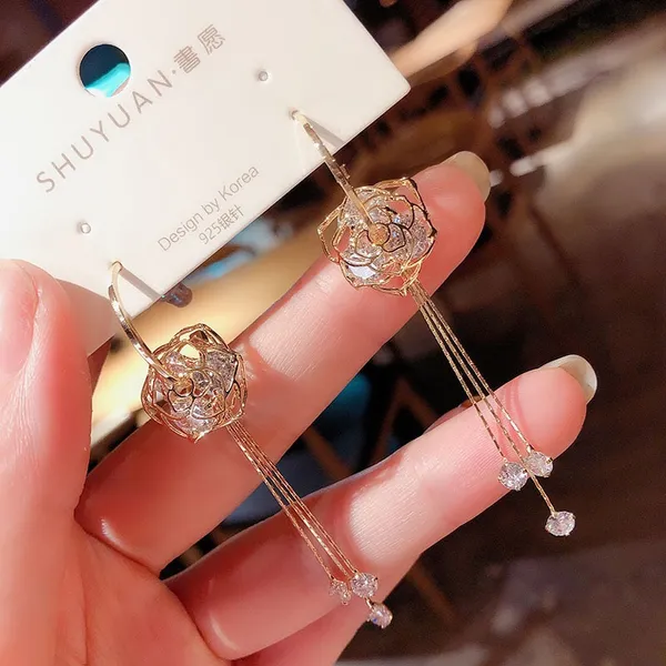 Women's Crystal Rose Flower Tassel Dangle Drop Earrings - Image 4