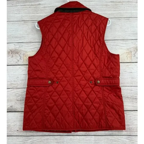LL Bean Diamond Quilted Full Zip‎ Vest MED Rust Brown Plaid Lined Cord Collar - Image 3