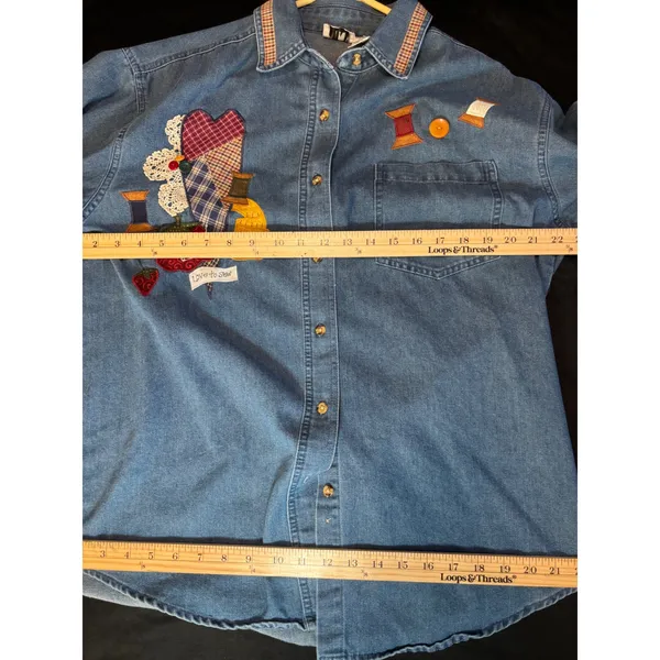 Vintage PTNY Love to Sew Denim Button Down Shirt Patchwork Embroidery Medium - Image 5