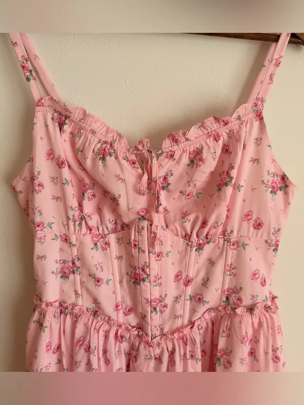 NWT Scarlet Darkness Floral Corset Sundress Pink Milkmaid Mini Dress Large - Image 2