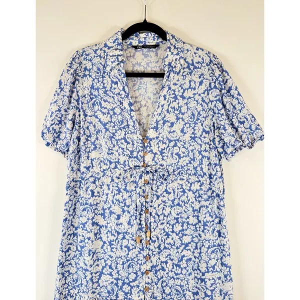 ZARA Womens Dress Blue Midi Floral Ditsy Shirtdress Linen Short Sleeve Medium - Image 6