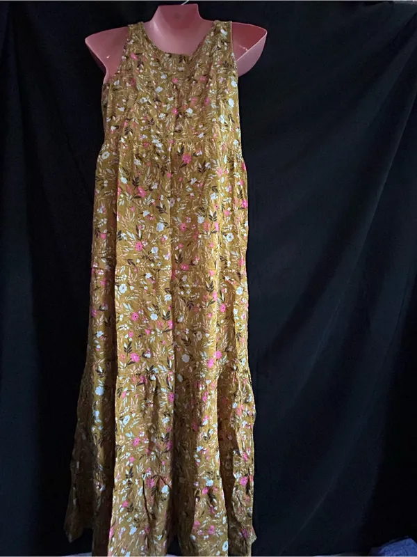 Floral Tiered Lightweight Maxi Dress in Mustard with Pink Floral Print SM - Image 2