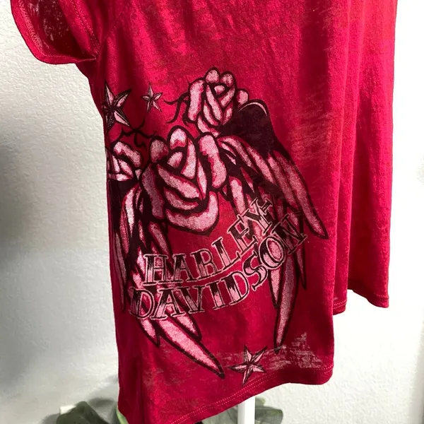 Harley Davidson Cold Shoulder Cutout Top Allover Burnout Flowy High Low Hem Y2k - Image 4