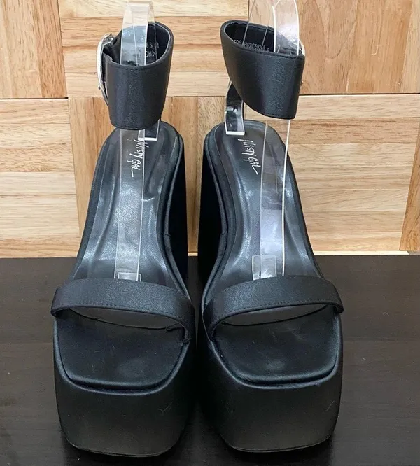 NASTY GAL Black Satin Ankle Strap Buckle Chunky Wedge Platform Sandals Size 8 - Image 5