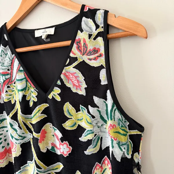 Entro Black Floral‎ Sleeveless Tunic Dress Pom Pom Hem Size S Coastal Preppy - Image 8