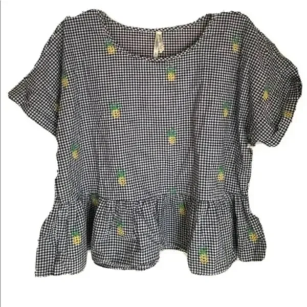 Girl Krazy Gingham Plaid Pineapple Print Peplum Blouse Women Size Large - Image 2