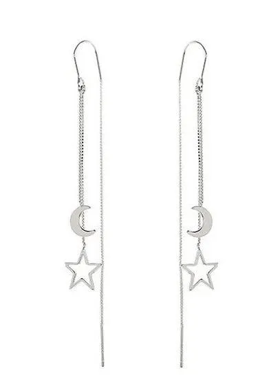Silver Moon Star Threader Long Tassel Earring Chain, Drop Dangle Woman Earrings - Image 8