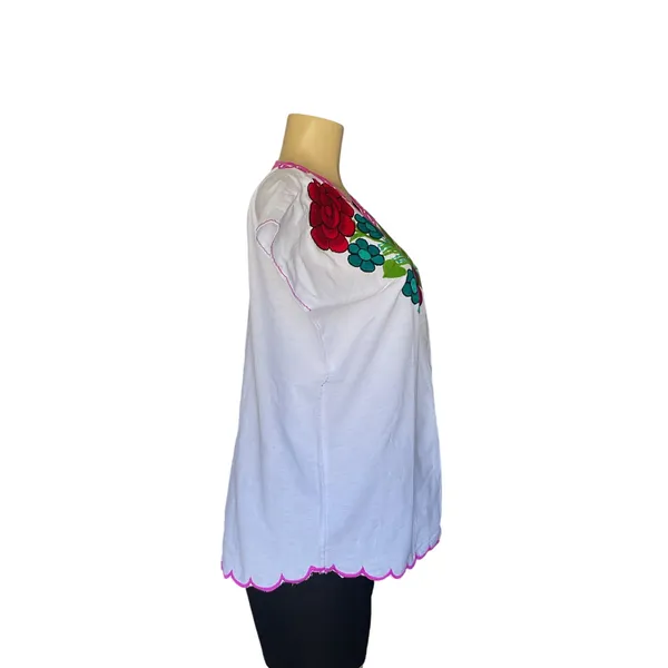 Mexican White Embroidered Blouse Floral Artisanal Folk Art Chiapas Boho Festival - Image 4