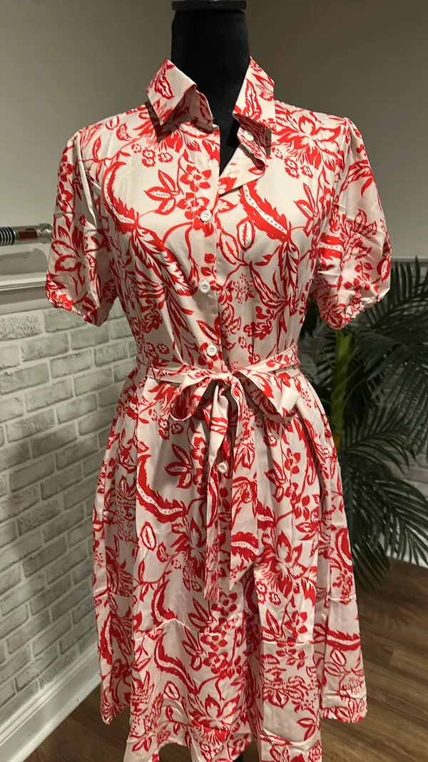 Red And Cream Floral Shirt Dress With Belt (M) - Image 3