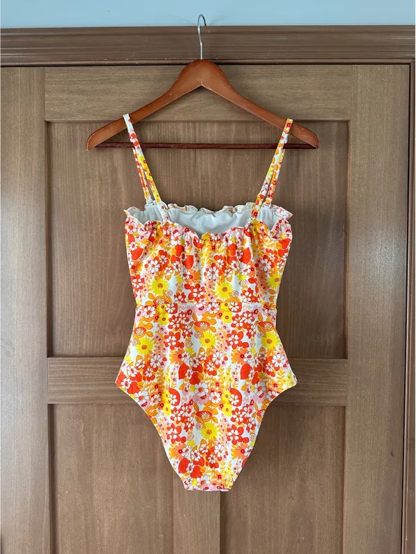Aerie Tropical Print One Piece Bandeau Swimsuit Retro Floral Women’s Small - Image 4