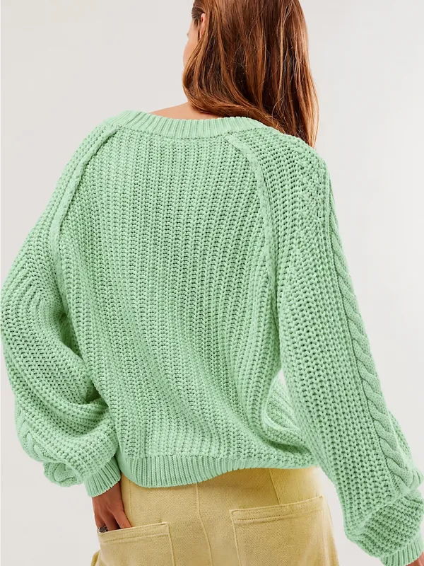 NWT Free People Frankie Cable Knit Cotton Sweater Patina Green Lime LARGE - Image 2