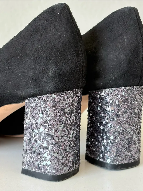 Kate Spade Black Suede Pumps Sparkling silver glitter Block Heel Womens Size 7.5 - Image 9