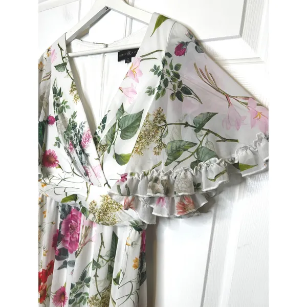 Betsy &‎ Adam Floral Maxi Dress 6 White Pink Flutter Sleeve Gown - Image 3