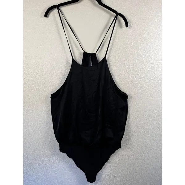 Abercrombie‎ & Fitch Bodysuit Women Medium Black Satin Halter Strappy Sleeveless - Image 2