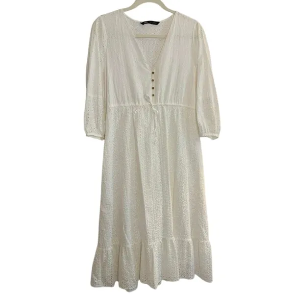 Zara Openwork Embroidered Midi Dress in White sz. M - Image 3