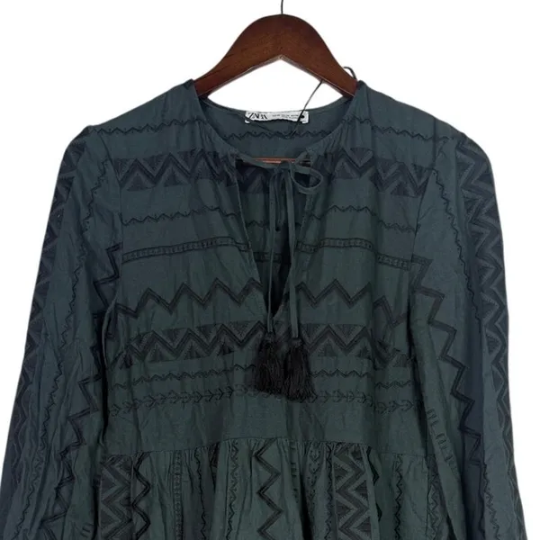 Zara Boho Oversized Embroidered Long Sleeve Mini Dress Tassel V Neck XS Green - Image 3