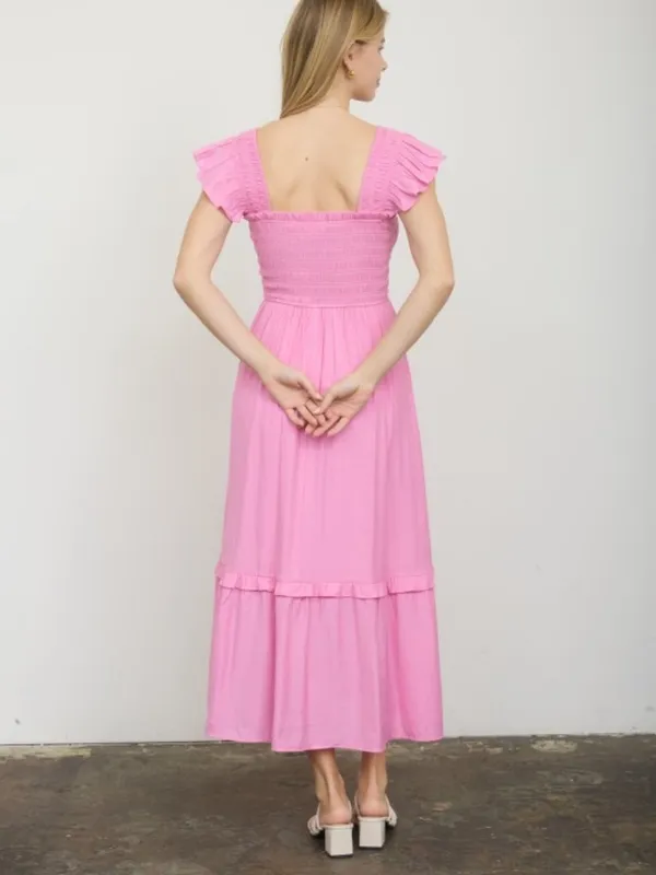 Mock Button Down Smocked Ruffle Detail Midi Dress Pink - Image 3