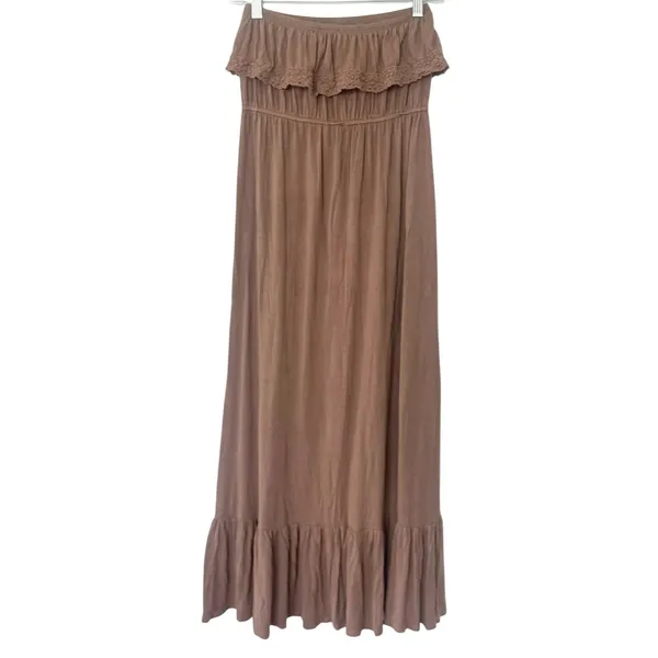 Forever 21 Strapless Long Dress Ruffle Top Crochet Trim Maxi Dress Small Brown - Image 4