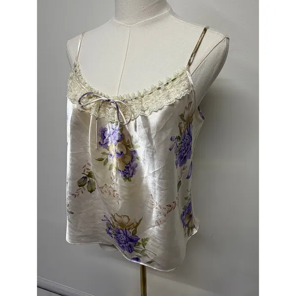 Secret Treasures Y2K Satin Floral Lace Cami Ivory Purple Bow Sleep Top Medium - Image 3