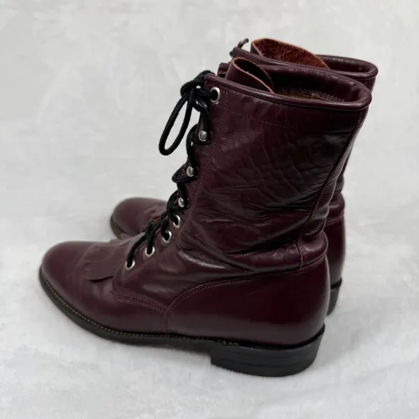 Justin L510 Burgundy Leather Lace Up Roper Boots Kiltie Fringe USA Made‎ 7B - Image 7