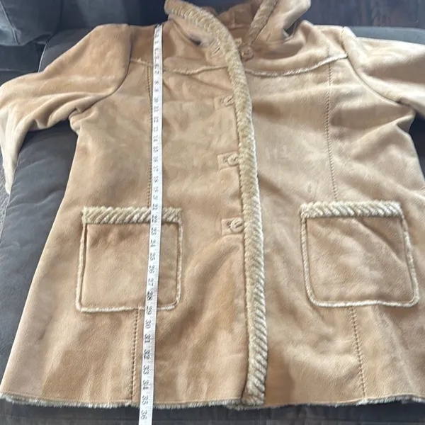 Women’s Vintage St John’s Bay Tan Faux Suede Hooded Coat Faux Fur Lined Size L - Image 8