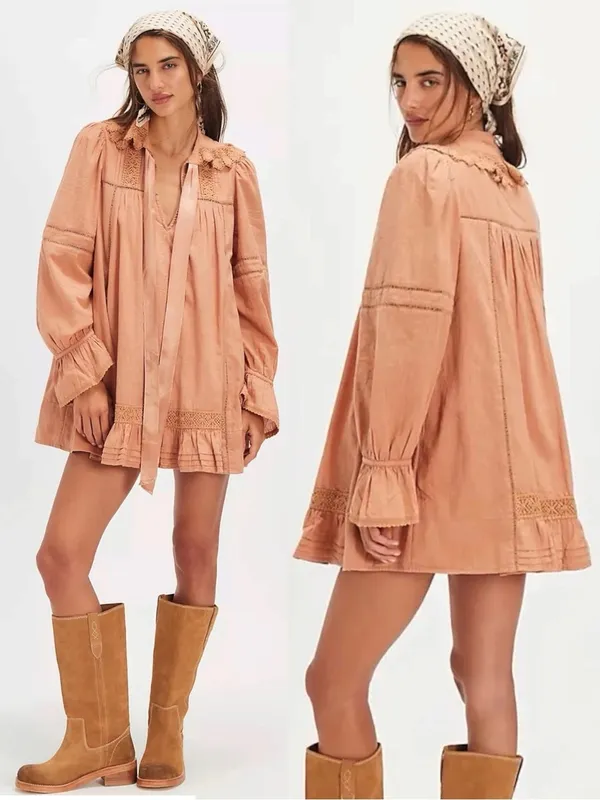 Free People Dainty Cottage Crochet 5 O'clock Tea Time Mini Dress Neutral Medium - Image 2