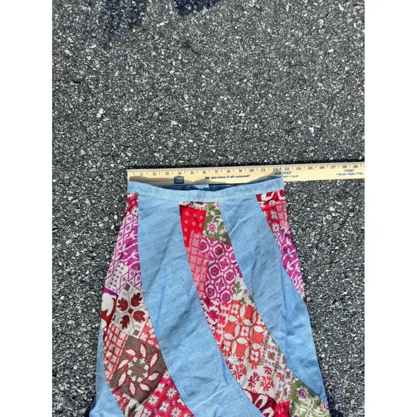 70s Vintage Spiral Patchwork Maxi Skirt Blue Denim Boho Floral Red Pink 23 Waist - Image 5