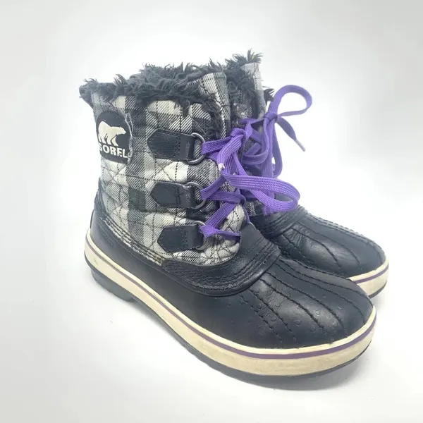 Sorel Tivoli II Leather Plaid Lace-Up Snow Boots‎ Black Gray Purple Size US 5 - Image 4
