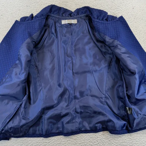 Vintage Tahari Levine Womens Blue Textured Ruffle Neck Button Blazer Jacket 10 - Image 5