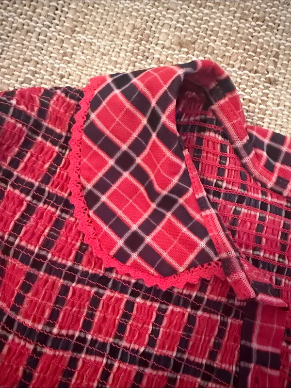 Free People Caught A Feeling Smocked Button-Up Top Shirt Size Large Red Black - Image 4