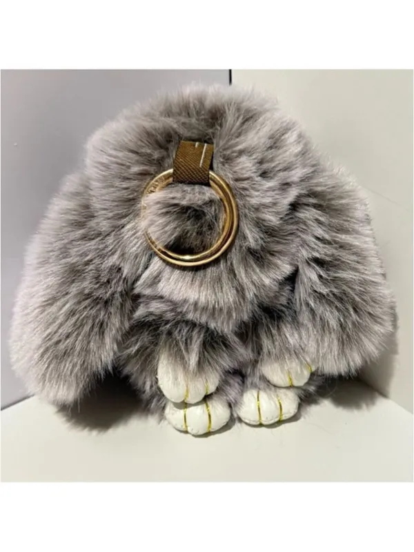 NEW Gray Faux Fur Bunny Rabbit Bag Charm Keychain with Gold Silver Ring Clips - Image 3