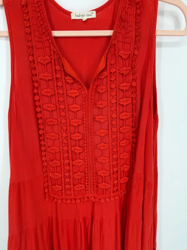 Indigo Soul Women's Large Red/Orange Sleeveless Crochet Trim Tiered Top Boho - Image 3