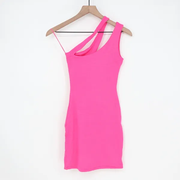Naked Wardrobe Hot Pink Asymmetrical One Shoulder Mini Dress Side Slit Small - Image 3