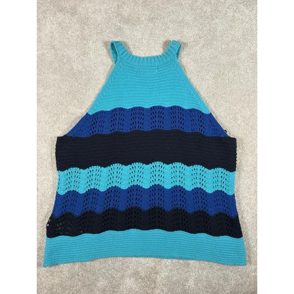 Anthropologie Jenette Blue Crochet High Neck Halter Top Sweater Knit Tank Med - Image 9