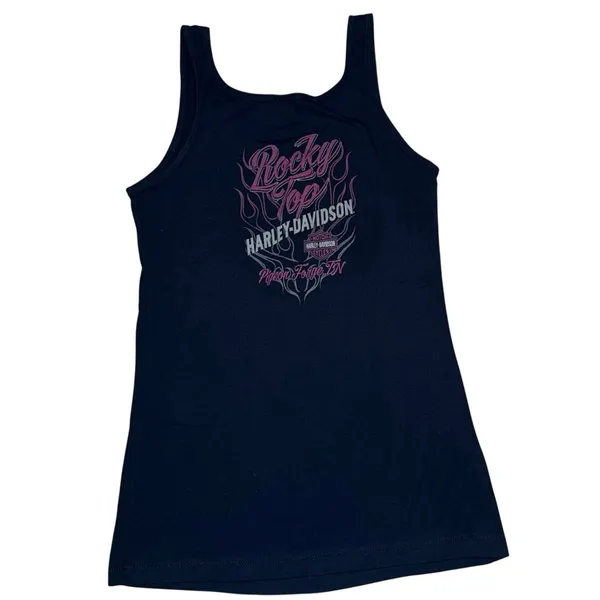 Harley Davidson Motorcycles navy blue tank top - pink glitter & wings graphics L - Image 2