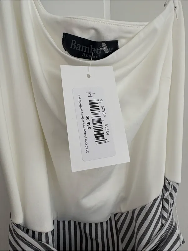One-Shoulder White and Black Striped Dress - Image 3