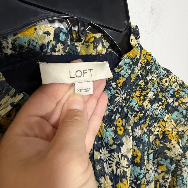 Loft Blue Yellow Floral Smocked High Neck Ruffled Long Sleeve Blouse Womens XS - Image 4