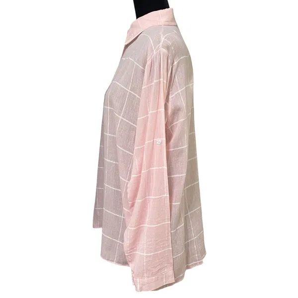 Adora Pink White Striped Sheer Button Shirt Roll Tab Sleeves Medium - Image 3