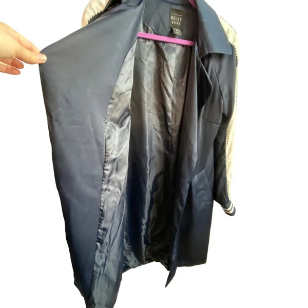 Belle Vere Navy Blue Belted Trench Coat Jacket Unique‎ Sleeves Satin Feel Sz S - Image 6