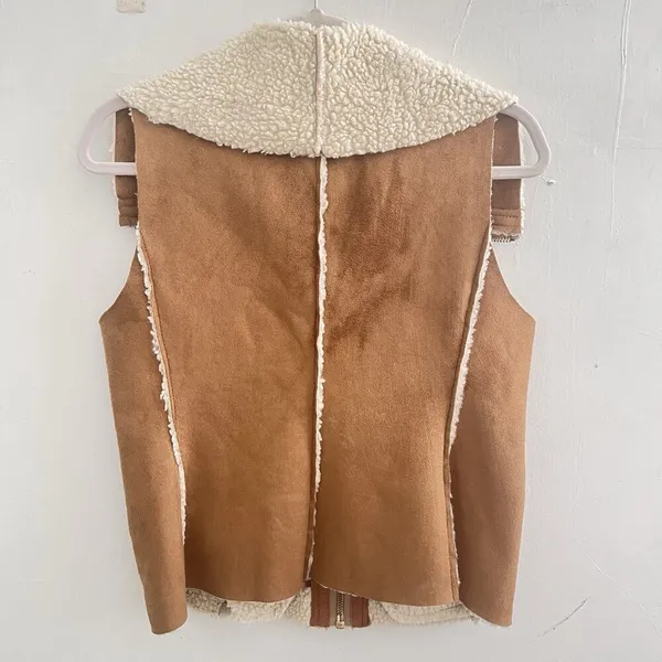 Michael Kors Faux Suede Sherpa Vest Camel Brown Petite Small P/S bohemian - Image 5