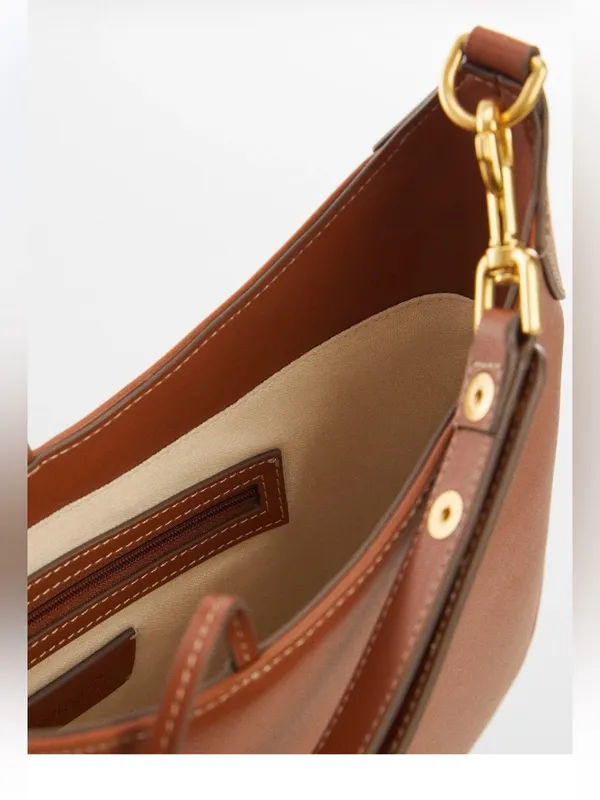 Mango MNG- round Saddle Shoulder tote Bag cognac chestnut Brown, Gold Hardware - Image 5