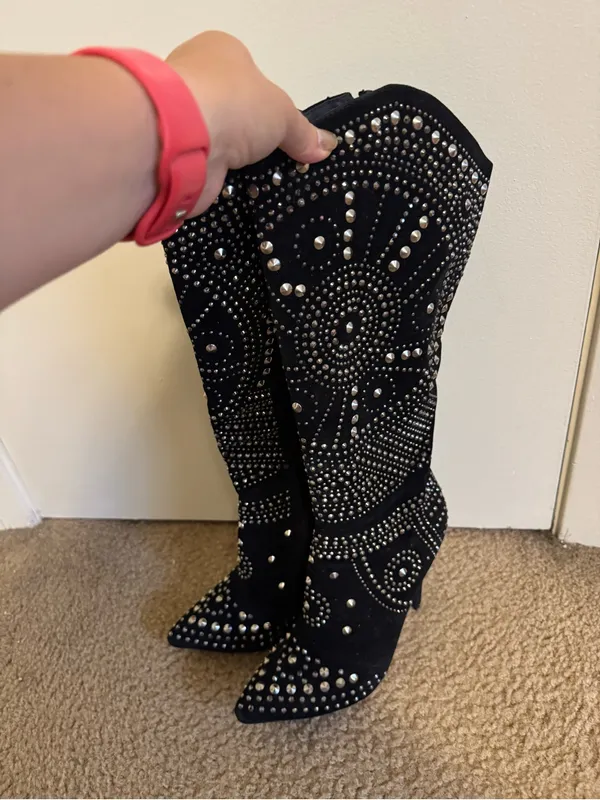 Olivia Miller Black Faux Suede Studded Knee High Stiletto Boots Size 7 - Image 4