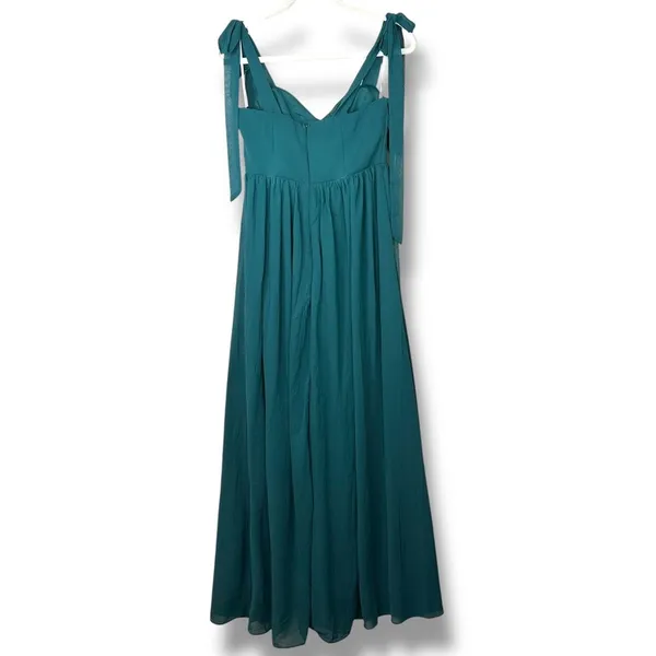 Lulus NWOT Radiant Charisma Emerald Chiffon Ruched Tie-Strap Maxi Dress Medium - Image 7