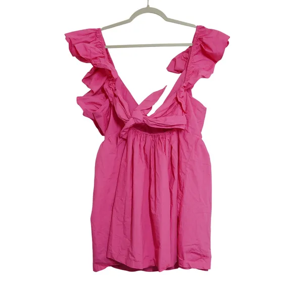 Showpo‎ Mini Dress US 10 Hot Pink Ruffle Sleeve V-Neck Tie Back Cotton Party Fun - Image 6