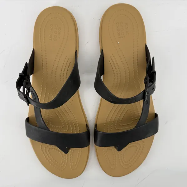 Crocs Tulum Toe Post Sandal Black Tan Women 11 Strappy Buckle Slip On Flip Flop - Image 3