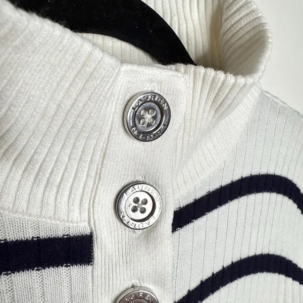 Lauren  Big Button High Neck Striped Pullover Sweater Small White - Image 2